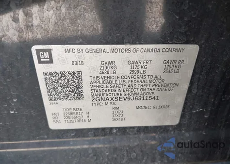 2018 Chevrolet Equinox Lt из США, поврежденный, VIN 2GNAXSEV9J6311541